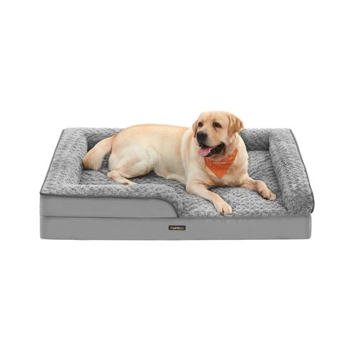 Panier Pour Chien, Mousse Alvéolée, Bords Surélevés Rembourrés, Housse Amovible En Tissu Peluche Aux Motifs Roses, 122 X 89 X 18 Cm, Gris Tourterelle