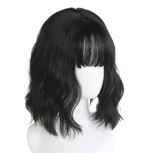 Perruques Noires Ondulees Et Bouclees Avec Frange, Accessoires De Cosplay Pour Deguisements Et Halloween
