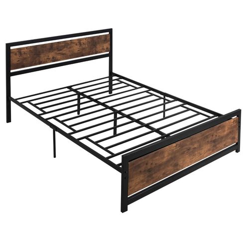 Lit Double Design Industriel - Tête De Lit, Pied De Lit Et Sommier - Dim. 208l X 167l X 103h Cm - Compatible Matelas 200l X 160l Cm - Acier Noir Mdf Aspect Bois Avec Veinage