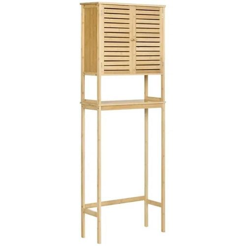 Meuble Wc Meuble Dessus Toilettes Style Cosy Dim. 60l X 23l X 173h Cm Portes À Lattes Étagère Bambou Mdf Aspect Bois Clair