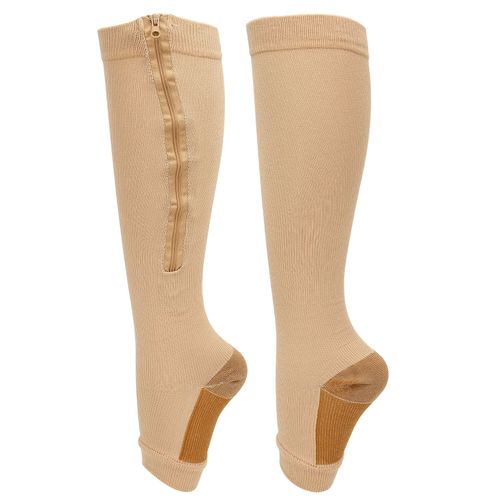 Chaussettes De Compression A Fermeture Eclair, En Nylon Souple, Lavables Et Reutilisables, A Bout Ouvert, Pour Femmes, Couleur Chair, Tailles L/Xl