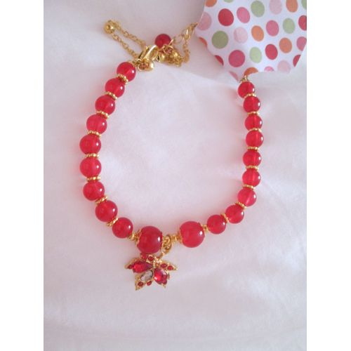 Bracelet Doré Et Perles Rouges
