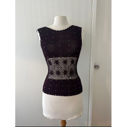 Pull En Maille Tricot Crochet Sans Manches À Sequins Marron Caroll 70s / Sleeveless Crochet Knit Sweater With Brown