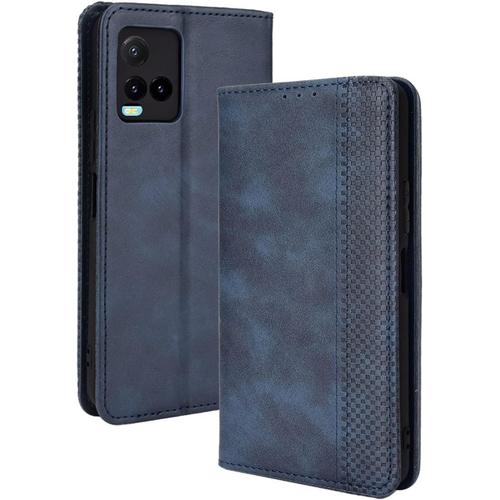 Coque Folio Cuir Étui Pour Vivo Y21s Vivo Y21 Vivo Y33s, Antichoc Portefeuille Housse Vec Fentes Pour Cartes, Pu Tpu Bumper Protection Case Cover Fermeture Magnétique Bleu