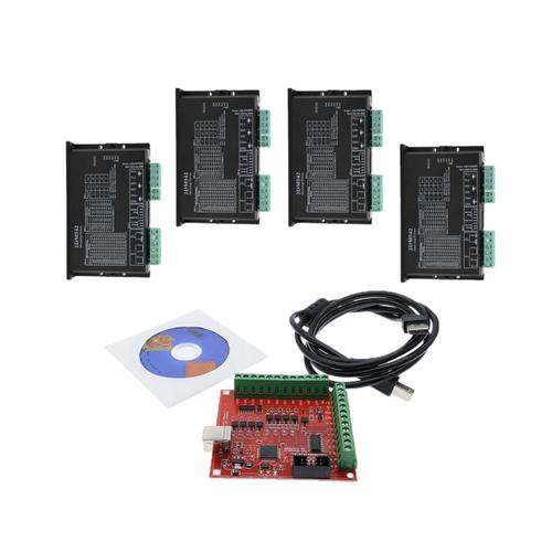 Kit de SystèMe de ContrôLe CNC, ContrôLeur de Mouvement de Pilote D'Interface 1XRed Breakout Board 4 Axes + 4X Pilote de Moteur Pas à Pas 2DM542