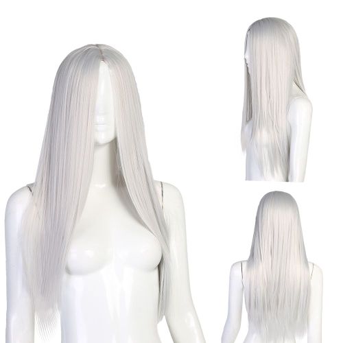 Perruque Synthetique Longue Et Lisse Pour Femme, Tete Complete, Cosplay, Fete, Avec Bonnet, Argent Et Blanc