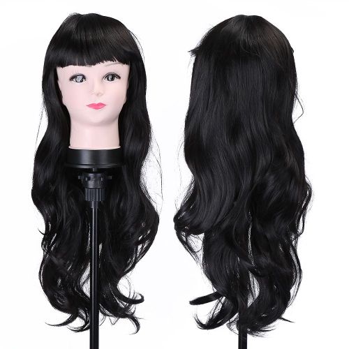 Perruque Longue Bouclee Avec Frange Pour Femme, 75 Cm, Tendance, Pour Deguisement De Cosplay (Noir)