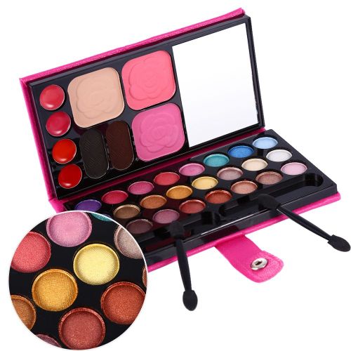 Kit De Maquillage 33 Couleurs, Fard A Paupieres, Poudre A Sourcils, Blush, Brillant A Levres Et Pinceau (Ensemble Portefeuille Rose Rouge)