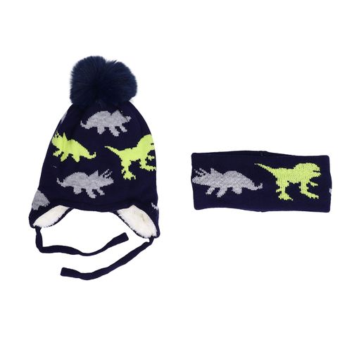 Ensemble Bonnet Et Echarpe D'hiver Pour Bebe, Double Couche, Chaud, Doux Et Confortable, Motif Dinosaure, Vetements D'automne Pour L'exterieur, Bleu Fonce