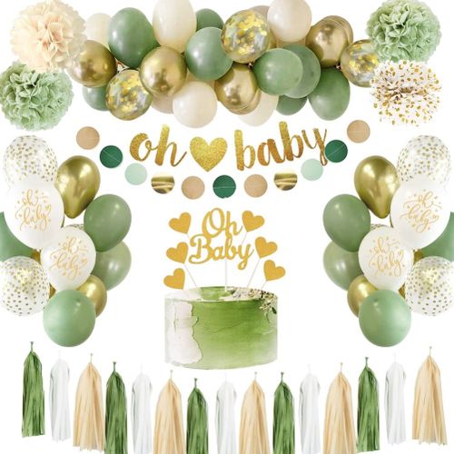 Decoration de baby shower, ballons verts, pompons en papier, decoration de fete de revelation du sexe pour bebes garcons et filles