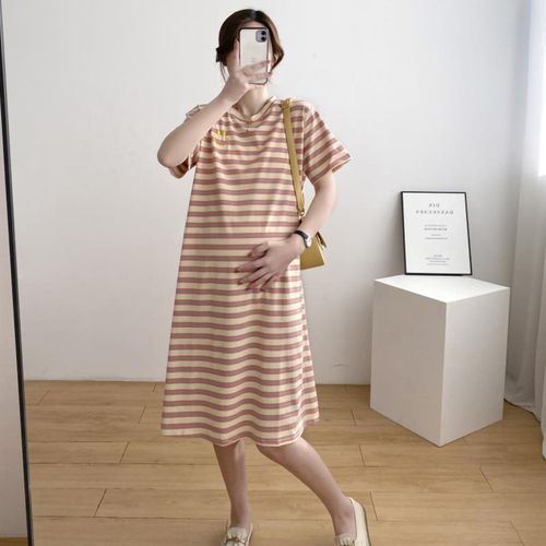 Robe T-Shirt Decontractee Mi-Longue A La Mode, Robe De Grossesse A Manches Courtes, Coupe Ample, Simple, Imprime Raye, Orange, Rose, Taille L