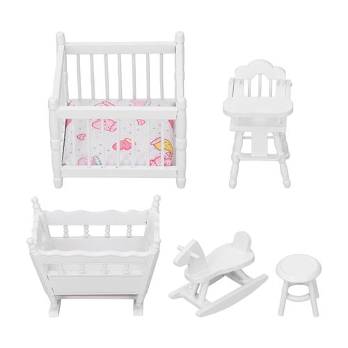 Meubles De Chambre De Poupee Blancs 1:12, Berceau, Chaise, Cheval De Bataille, Tabouret Rond, Meubles Miniatures En Alliage Pour Bebe