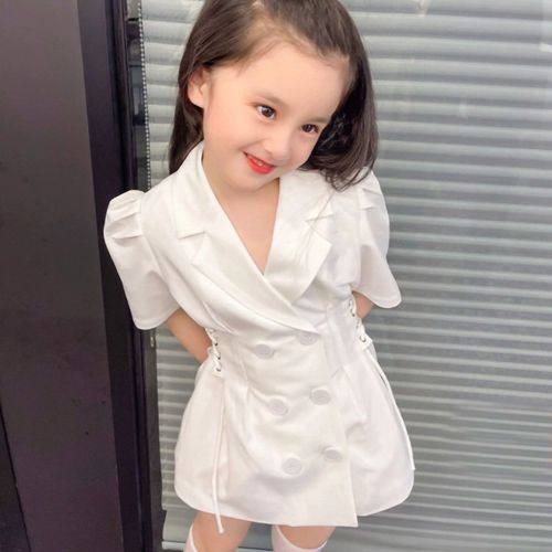 Robe Pour Enfant, Manches Courtes, Boutonnee Sur Le Devant, Cordon De Serrage A La Taille, Robe Amincissante, Blanche, 110 Cm