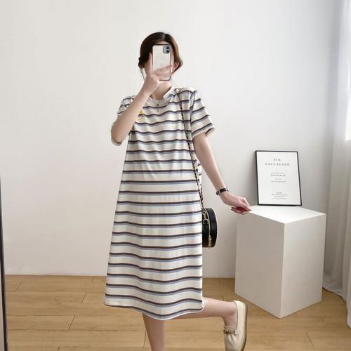Robe T-Shirt Decontractee Mi-Longue A La Mode, Robe De Grossesse A Manches Courtes, Coupe Ample, Simple, Imprime Raye, Bleu Blanc, L