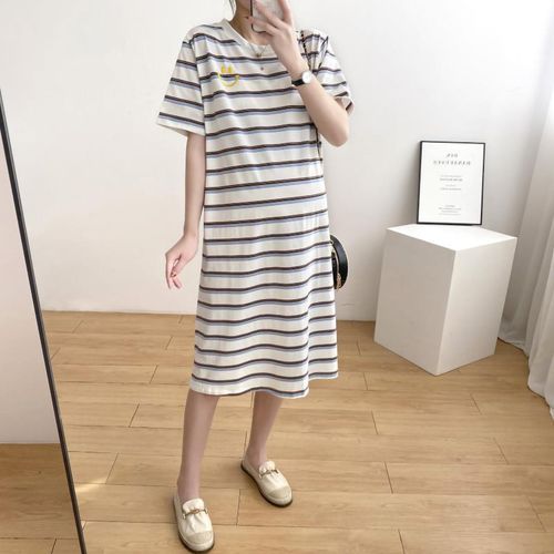 Robe T-Shirt Decontractee Mi-Longue A La Mode, Robe De Grossesse A Manches Courtes, Coupe Ample, Simple, Imprime Raye, Bleu Et Blanc, Xl