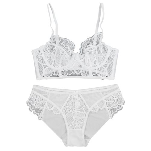 Ensemble Soutien-Gorge Et Culotte En Dentelle Florale, Bretelles Reglables, Col En V, Transparent, Pour Femme, Blanc, 80c