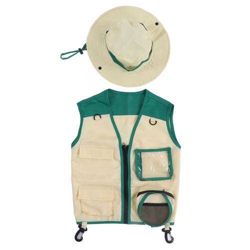 Ensemble Gilet Et Chapeau D'aventure En Plein Air Pour Enfants, Costume D'exploration Lavable Pour Cosplay, Camping, Voyage, Vert