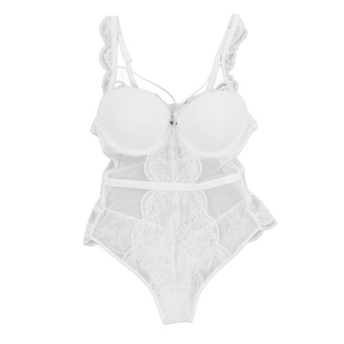 Body En Dentelle Doux Et Extensible, Decollete En V Profond, Elegant, Une Piece, Pour Nuit De Noces, Lune De Miel, Blanc, 80 ¡Ãc
