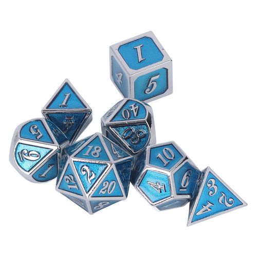 Lot de 7 des en alliage de zinc, differentes formes, pour jeux de societe et jeux de role