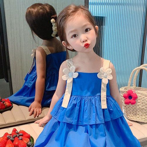 Robe D'ete A Bretelles Pour Fille, Elegante Et Tendance, En Forme De Fleur, A Superposer, Pour La Vie Quotidienne Et Les Fetes, Bleu, 100