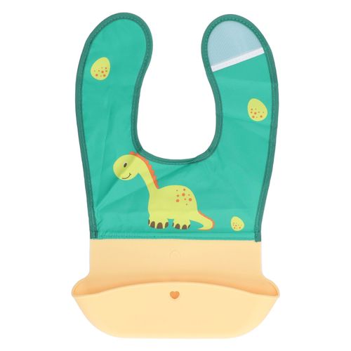 Bavoir En Silicone Pour Bebe Avec Sac Anti-Fuite, Impermeable, Resistant Aux Taches, Leger, En Tissu Silicone, Motif Patchwork, Motif Dinosaure, Jaune Et Vert