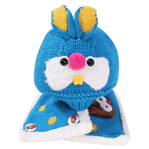 Ensemble Bonnet Et Foulard Tricotes Pour Bebe, Motifs De Lapins De Dessin Anime, Bonnet Et Echarpe Pour Bebe, Garde Au Chaud Pour L'hiver, Bleu