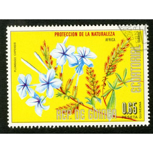 Timbre Oblitéré Rep De Guinea Ecuatorial, Proteccion De La Naturaleza, Africa, Plumbago Capensis, 0.65 Peseta