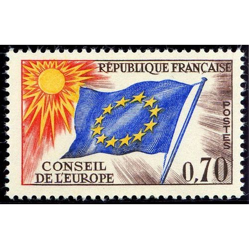 France 1969, Très Beau Timbre De Service Neuf** Luxe Du Conseil De L'europe, Yvert 35, Soleil Et Drapeau Européen 0.70f. Violet Brun, Bleu, Jaune Et Rouge. -