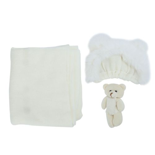 Echarpe Pour Nouveau-Ne, Douce Pour La Peau, Joli Chapeau, Ours, Poupee, Accessoires De Photographie Pour Bebe, Tenue, Chapeau Blanc, Echarpe Et Poupee