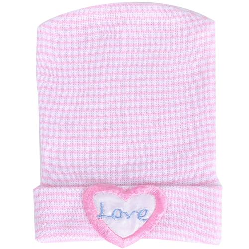Bonnet Tricote A Rayures Et Motif Brode Pour Bebe, Bonnet Pour Nouveau-Ne, Rose