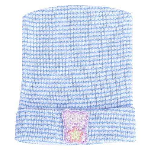 Bonnet Tricote A Rayures Et Motif Brode Pour Bebe, Bonnet Pour Nouveau-Ne, Bleu