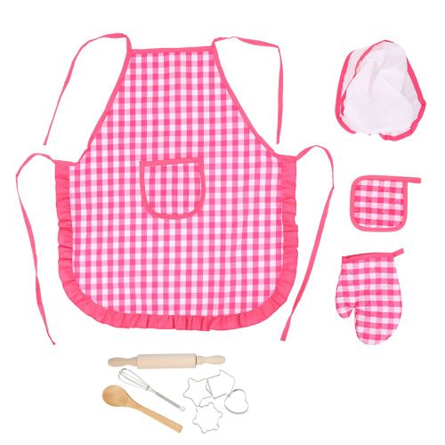 Ensemble de 11 pieces de cuisine, tablier, gant de cuisine, emporte-pieces, fouet, rouleau a patisserie, cuillere, kit de patisserie pour 3 enfants et plus (rose)