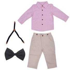 Tenue De Gentleman Pour Bebe Garcon, Ensemble Chemise A Rayures Exquise, Pantalon A Bretelles, Noud Papillon, Rose, 70 Cm