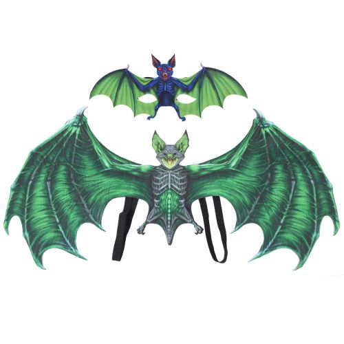 Ensemble De Masque Facial D'halloween En Forme D'aile De Chauve-Souris, Tenue De Fete Aux Couleurs Vives Pour Enfants Et Adultes, Vert