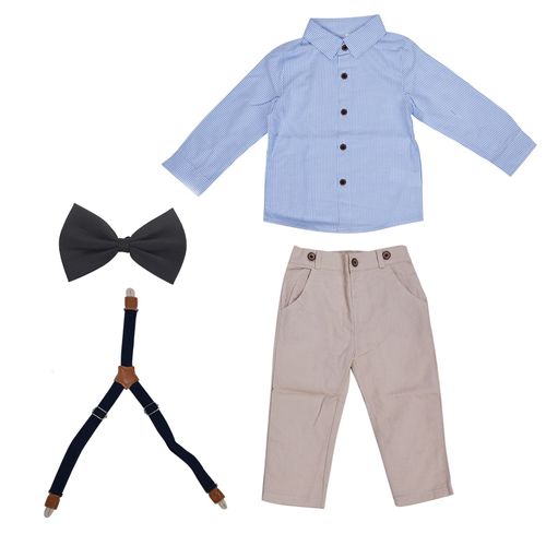 Tenue De Gentleman Pour Bebe Garcon, Ensemble Chemise A Rayures Exquise, Pantalon A Bretelles, Noud Papillon, Bleu Clair, 80 Cm