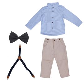 Tenue De Gentleman Pour Bebe Garcon, Ensemble Chemise A Rayures Exquise, Pantalon A Bretelles, Noud Papillon, Bleu Clair, 80 Cm