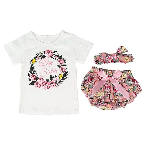 Ensemble Chemise A Manches Courtes, Short A Noud Et Bandeau Pour Bebe Fille, Imprime Floral (Lot De 100)