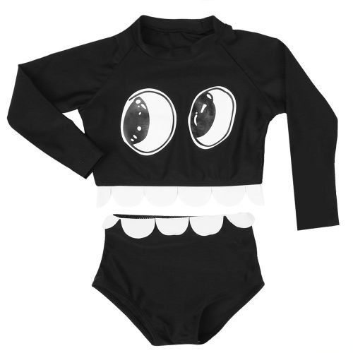 Maillot De Bain 2 Pieces Pour Bebe Fille, Motif Grands Yeux, Haut A Manches Longues Et Pantalon Taille Haute (Noir, Taille L)