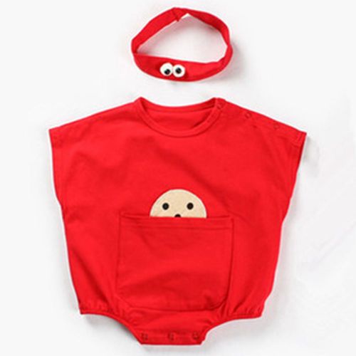 Barboteuse D'ete Mignonne A Manches Courtes En Coton Pour Bebe, Motif Dessin Anime, Avec Bandeau Pour Cheveux, Pour Garcons Et Filles (Rouge 73)