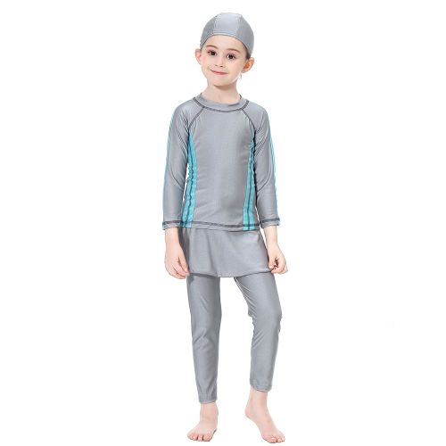 Maillot De Bain Deux Pieces A Manches Longues Pour Fille (Gris 100 Cm)