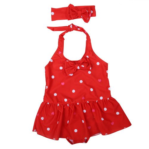 Maillot De Bain Une Piece Tendance Pour Enfants, Imprime Cour Et Noud Papillon (Rouge, Taille S)