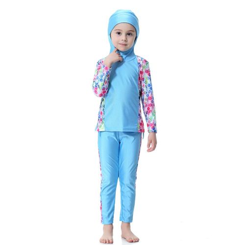 Maillot De Bain A Manches Longues Et Imprime Musulman Pour Fille (Bleu 100)