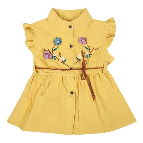 Robe Bebe Enfant Mignonne A Volants Et Fleurs Brodees, Sans Manches, Col Rond, Printemps-Ete (Jaune 100)