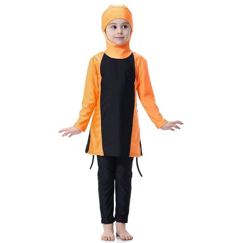 Maillot De Bain Traditionnel En Chinlon Pour Enfants, Style Musulman, Orange, 100 Cm