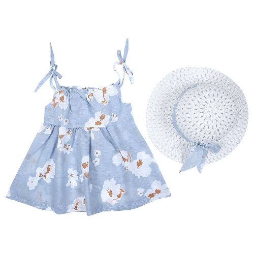 Robe D'ete Une Piece Sans Manches Avec Imprime Floral Et Chapeau De Paille Pour Bebe Fille (Bleu Clair 90)