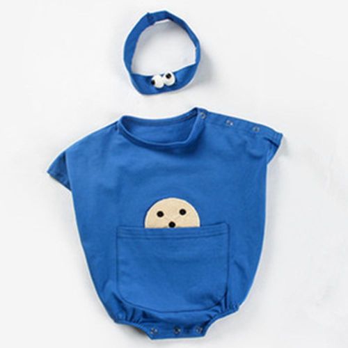 Barboteuse D'ete Mignonne A Manches Courtes En Coton Pour Bebe, Motif Dessin Anime, Avec Bandeau Pour Cheveux, Pour Garcons Et Filles (Bleu 73)