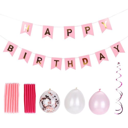 Banniere rose ??Joyeux anniversaire??, ballons, fleurs en papier, ensemble de decorations a suspendre pour fete