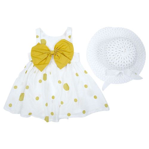 Robe D'ete Tendance Pour Bebe, Sans Manches, Avec Gros Noud Et Chapeau (Jaune 80)