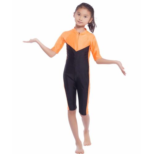 Maillot De Bain Une Piece A Manches Mi-Longues Pour Fille Musulmane (Orange M)