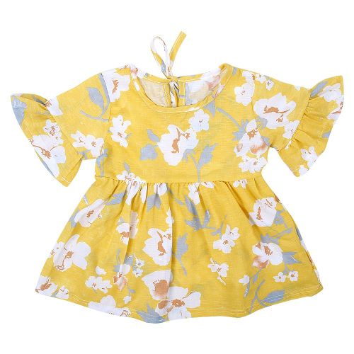 Robe Bebe Enfant Mignonne A Imprime Floral, Volants, Manches Courtes, Col Rond, Printemps-Ete (Jaune 90)